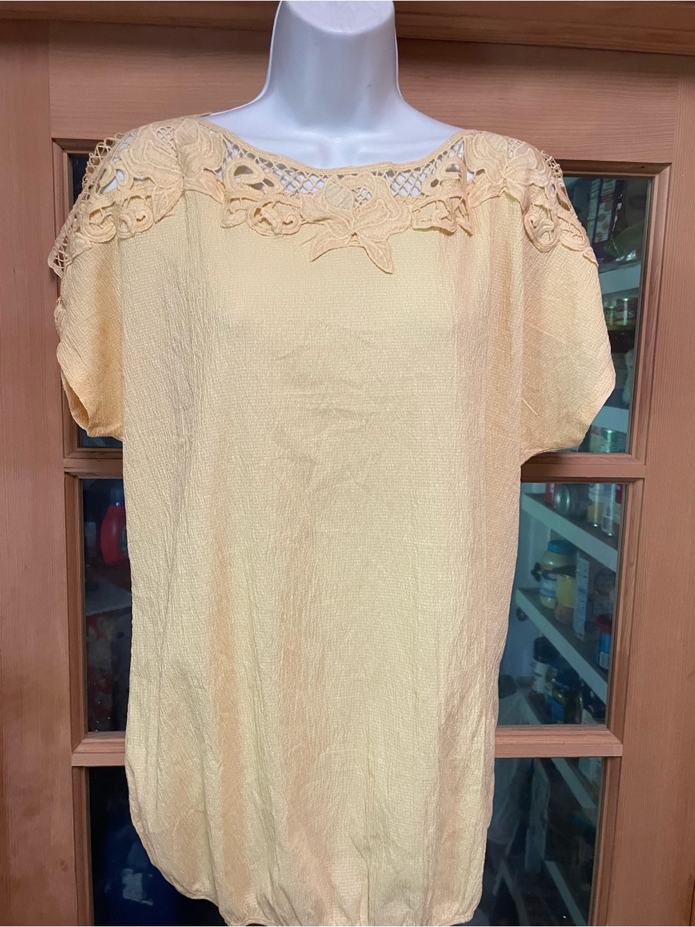 Lace-Trim Light Yellow Short Sleeve Blouse